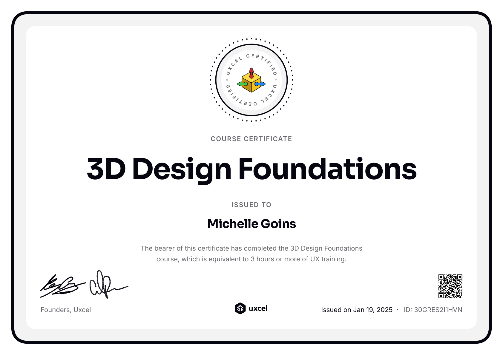 Michelle Goins's certificate